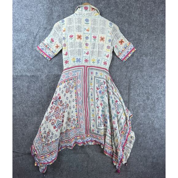 Label Ritu Kumar Dress XS Cream Pink Gond 70s Retro Boho Handkerchief Festival - Picture 2 of 9